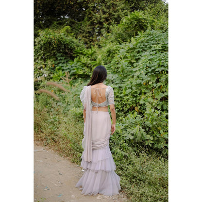 FORAM PATEL Grey Solid Ruffle Pre-Draped Saree with Embroidered Stitched Blouse