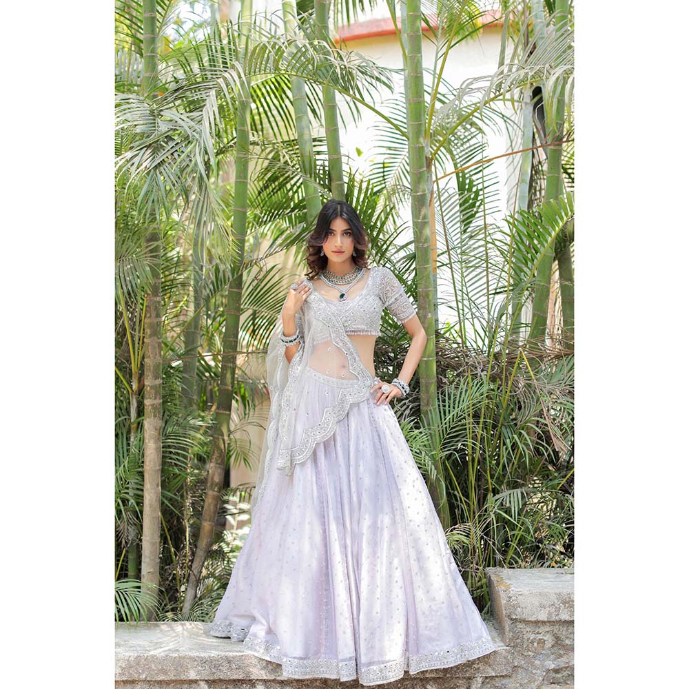 FORAM PATEL Grey Mirror Embroidered Organza Lehenga with Blouse and Dupatta (Set of 3)