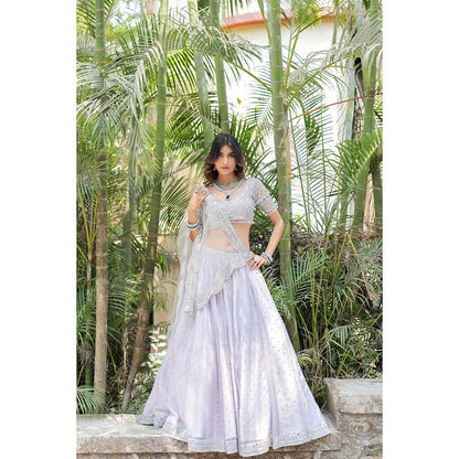 FORAM PATEL Grey Mirror Embroidered Organza Lehenga with Blouse and Dupatta (Set of 3)
