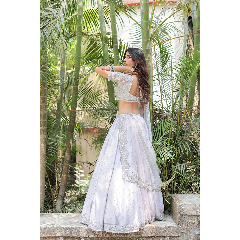 FORAM PATEL Grey Mirror Embroidered Organza Lehenga with Blouse and Dupatta (Set of 3)