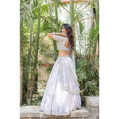 FORAM PATEL Grey Mirror Embroidered Organza Lehenga with Blouse and Dupatta (Set of 3)