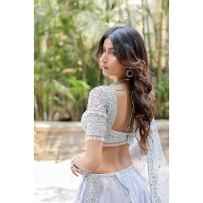 FORAM PATEL Grey Mirror Embroidered Organza Lehenga with Blouse and Dupatta (Set of 3)
