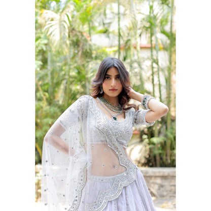 FORAM PATEL Grey Mirror Embroidered Organza Lehenga with Blouse and Dupatta (Set of 3)