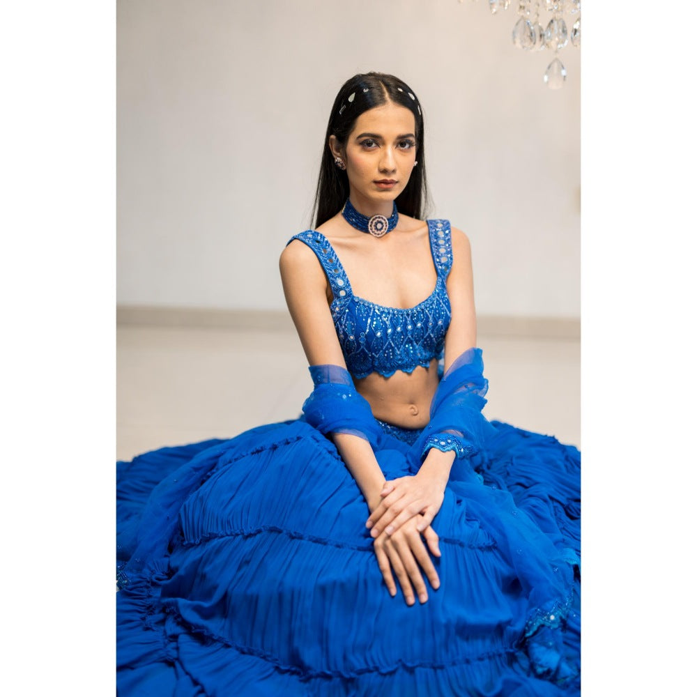FORAM PATEL Blue Tiered Mirror Work Lehenga with Blouse and Dupatta (Set of 3)