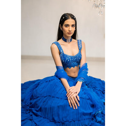FORAM PATEL Blue Tiered Mirror Work Lehenga with Blouse and Dupatta (Set of 3)