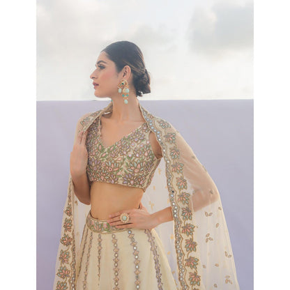 FORAM PATEL Cream Mirror Embroidered Organza Lehenga with Blouse and Dupatta (Set of 3)