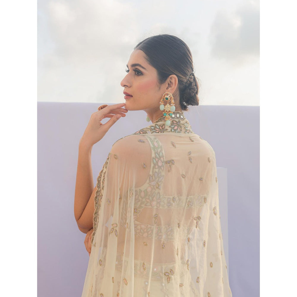 FORAM PATEL Cream Mirror Embroidered Organza Lehenga with Blouse and Dupatta (Set of 3)