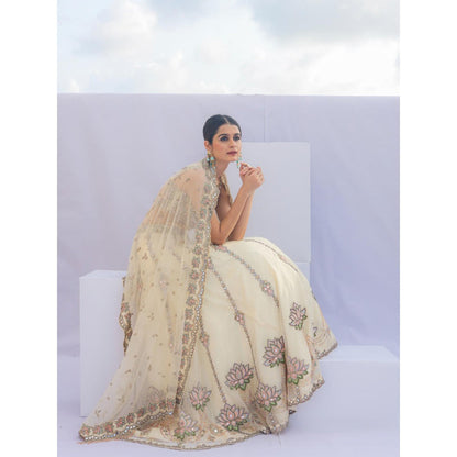 FORAM PATEL Cream Mirror Embroidered Organza Lehenga with Blouse and Dupatta (Set of 3)