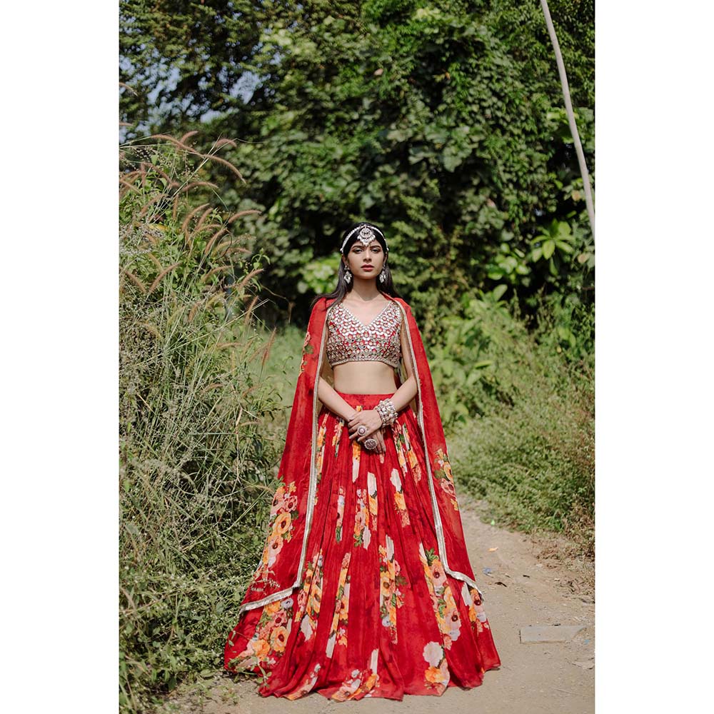 FORAM PATEL Red Floral Printed Lehenga with Embroidered Blouse and Dupatta (Set of 3)
