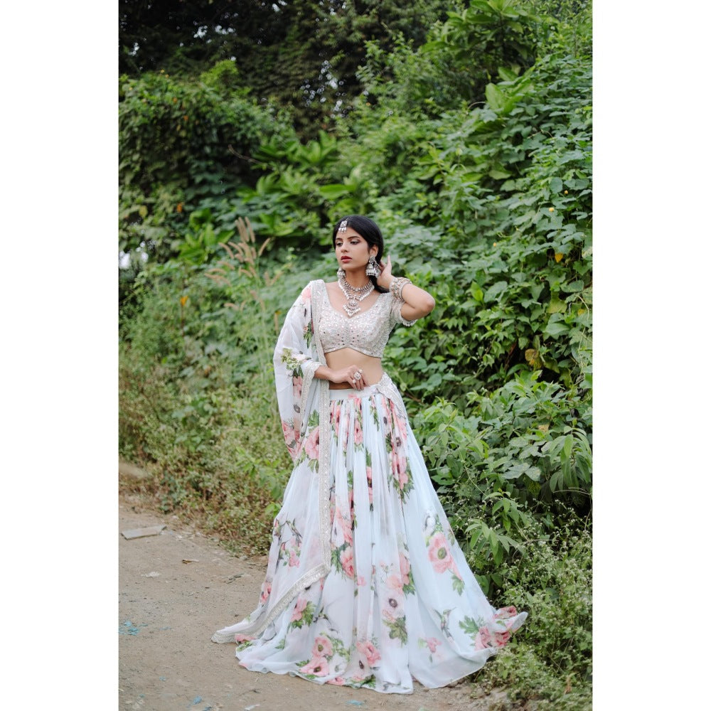 FORAM PATEL Sky Blue Floral Printed Lehenga with Embroidered Blouse and Dupatta (Set of 3)