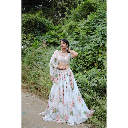 FORAM PATEL Sky Blue Floral Printed Lehenga with Embroidered Blouse and Dupatta (Set of 3)