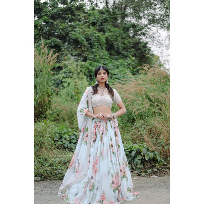 FORAM PATEL Sky Blue Floral Printed Lehenga with Embroidered Blouse and Dupatta (Set of 3)
