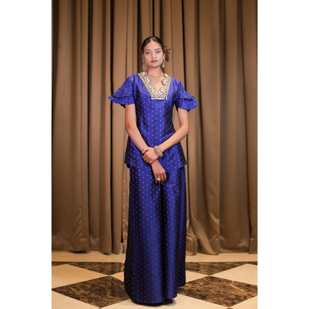 FORAM PATEL Electric Blue Brocade Embroidered Co-Ord (Set of 3)