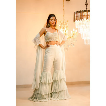 FORAM PATEL Light Blue Ruffle Cape with Blouse and Sharara (Set of 3)