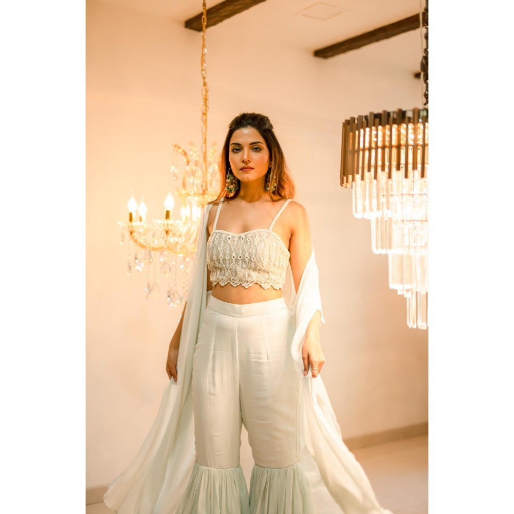 FORAM PATEL Light Blue Ruffle Cape with Blouse and Sharara (Set of 3)