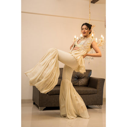 FORAM PATEL Cream Embroidered Blouse with Sharara and Jacket (Set of 3)