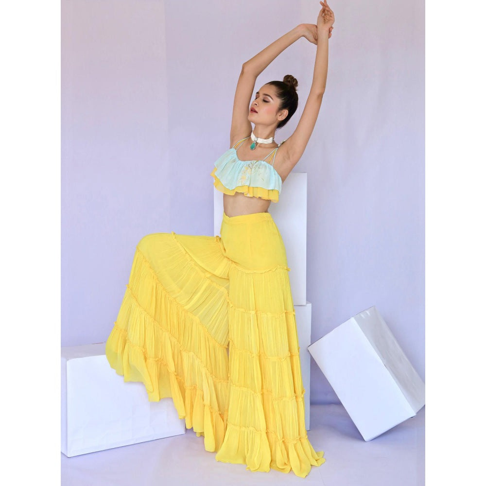 FORAM PATEL Yellow Tiered Sharara and Ruffle Crop Top (Set of 2)