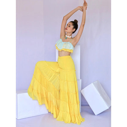 FORAM PATEL Yellow Tiered Sharara and Ruffle Crop Top (Set of 2)