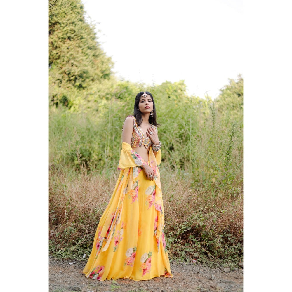 FORAM PATEL Yellow Mirror and Cowrie Embroidered Blouse and Palazzo with Dupatta (Set of 3)