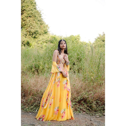 FORAM PATEL Yellow Mirror and Cowrie Embroidered Blouse and Palazzo with Dupatta (Set of 3)