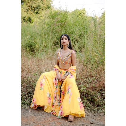 FORAM PATEL Yellow Mirror and Cowrie Embroidered Blouse and Palazzo with Dupatta (Set of 3)