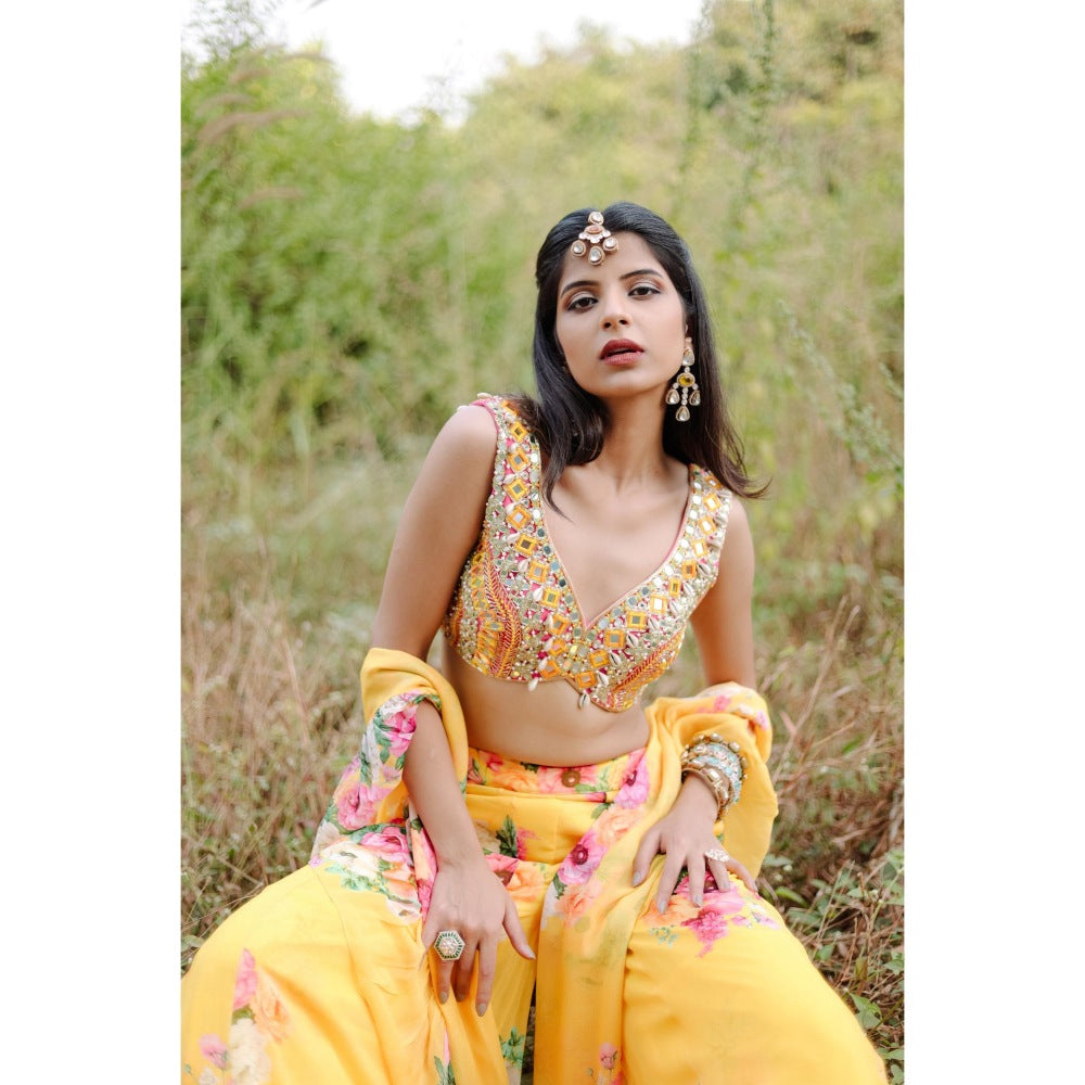 FORAM PATEL Yellow Mirror and Cowrie Embroidered Blouse and Palazzo with Dupatta (Set of 3)