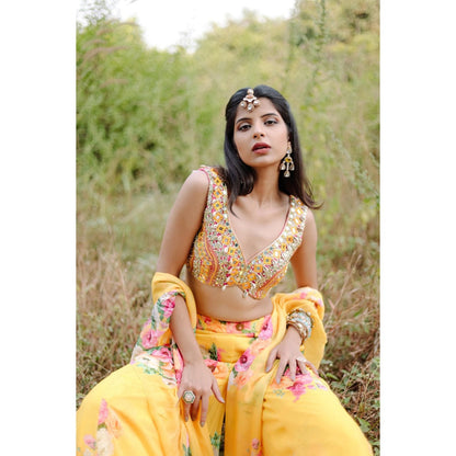FORAM PATEL Yellow Mirror and Cowrie Embroidered Blouse and Palazzo with Dupatta (Set of 3)