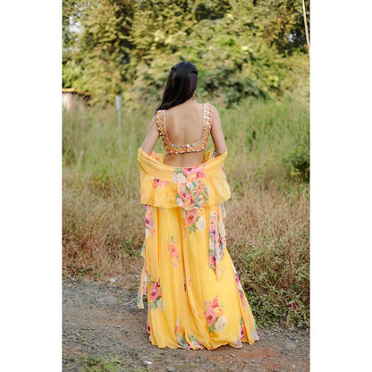 FORAM PATEL Yellow Mirror and Cowrie Embroidered Blouse and Palazzo with Dupatta (Set of 3)