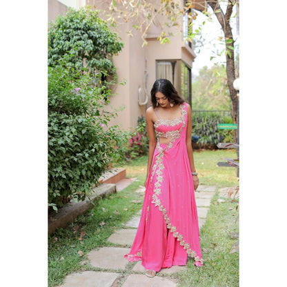 FORAM PATEL Pink Cowrie Embroidered Cape with Blouse and Palazzo (Set of 3)