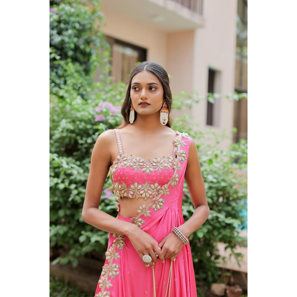 FORAM PATEL Pink Cowrie Embroidered Cape with Blouse and Palazzo (Set of 3)