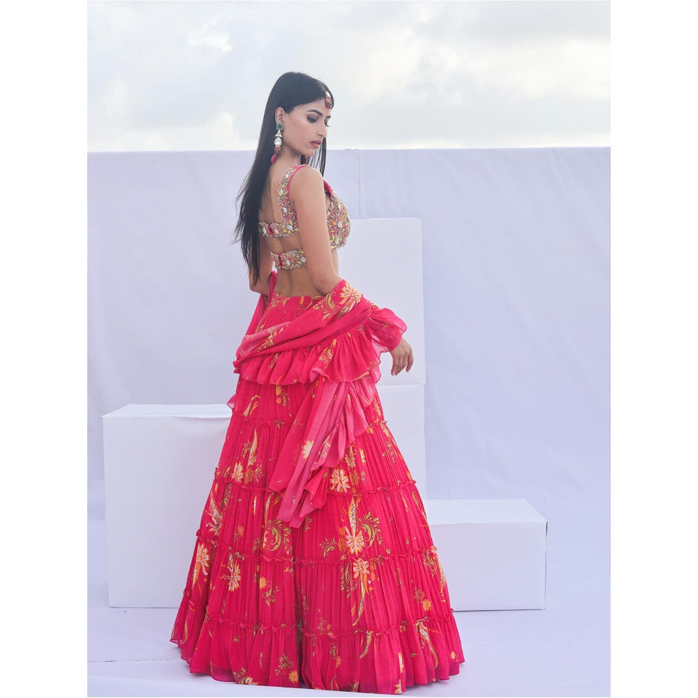FORAM PATEL Red Floral Print Lehenga with Embroidered Blouse and Dupatta (Set of 3)