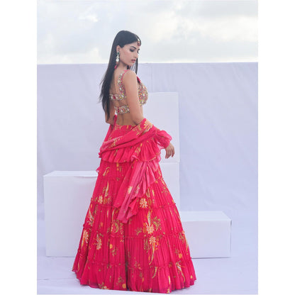 FORAM PATEL Red Floral Print Lehenga with Embroidered Blouse and Dupatta (Set of 3)