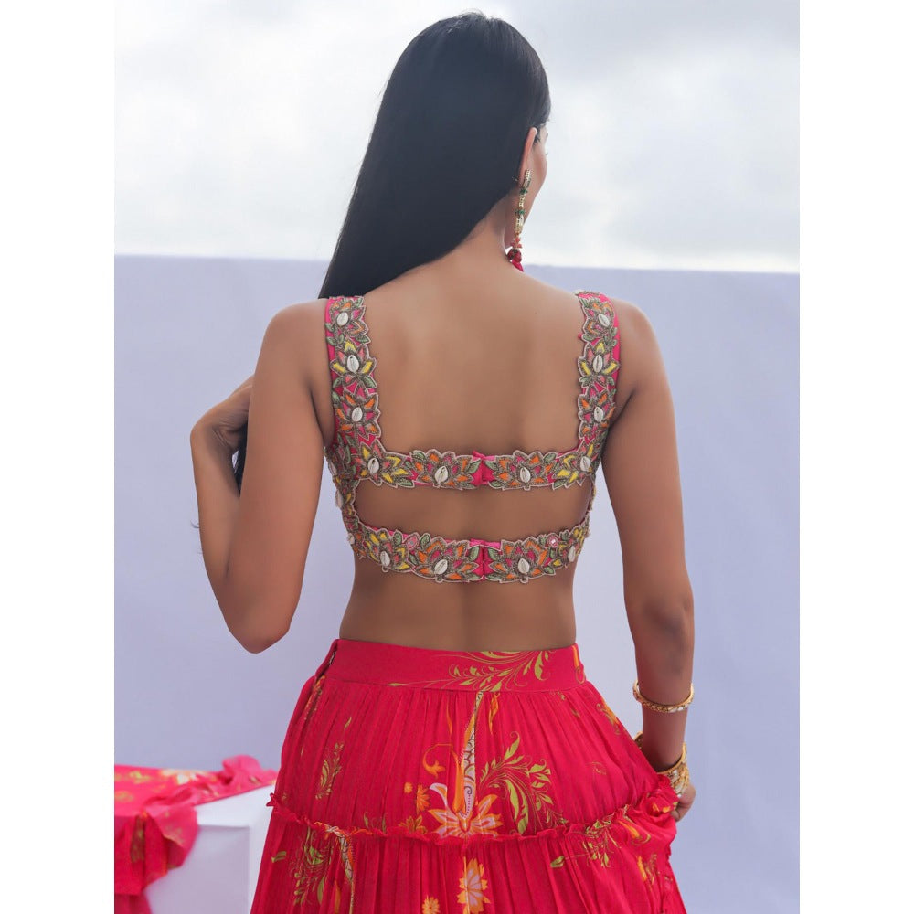 FORAM PATEL Red Floral Print Lehenga with Embroidered Blouse and Dupatta (Set of 3)