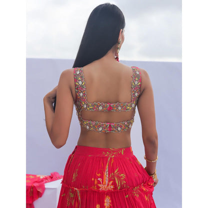 FORAM PATEL Red Floral Print Lehenga with Embroidered Blouse and Dupatta (Set of 3)
