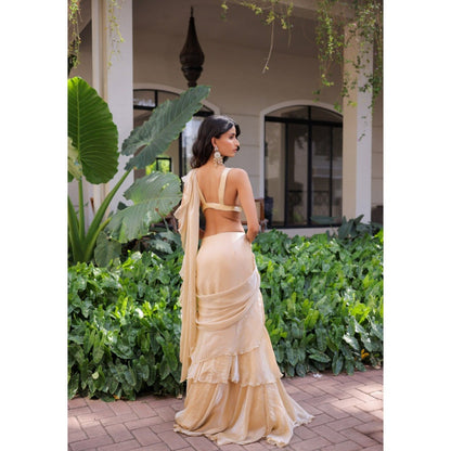 FORAM PATEL Cream Ruffle Pre-Draped Saree with Stitched Blouse