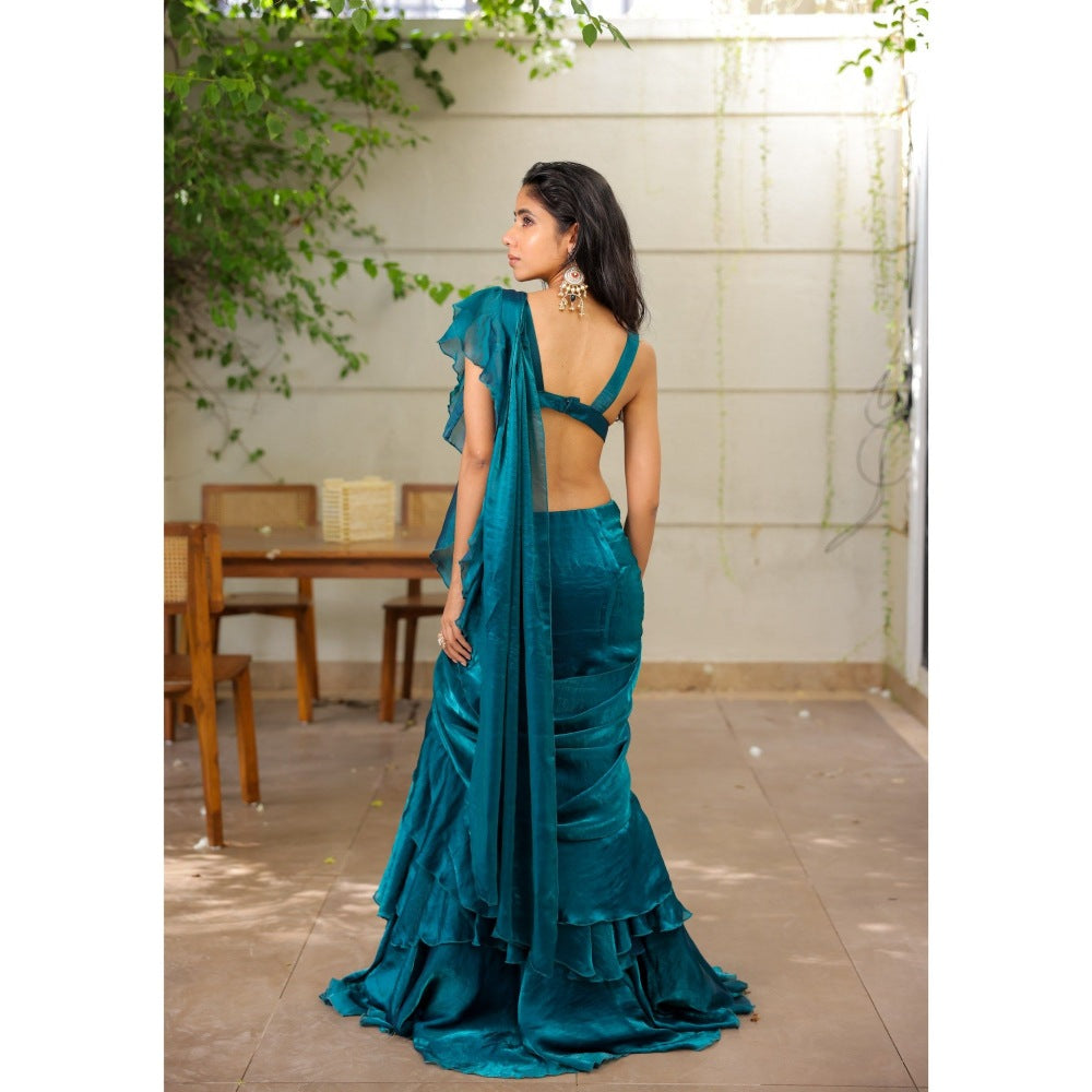 FORAM PATEL Teal Blue Ruffle Pre-Draped Saree with Stitched Blouse
