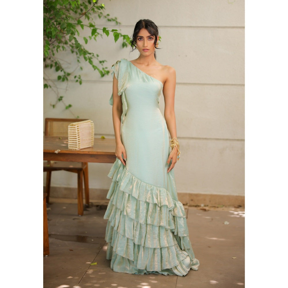 FORAM PATEL Sky Blue Ruffle One Shoulder Maxi Dress