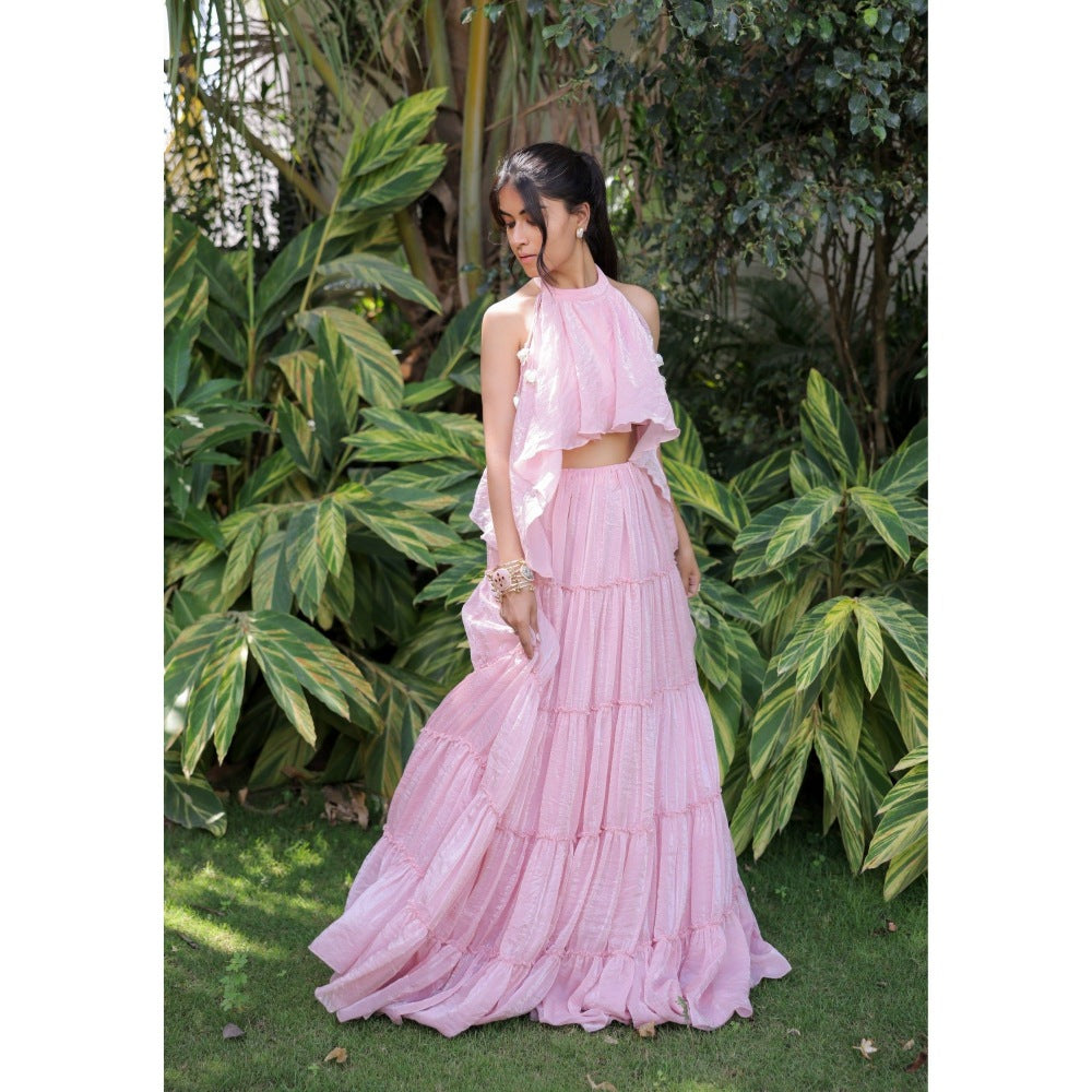 FORAM PATEL Pastel Pink Tiered Skirt with Crop Top (Set of 2)