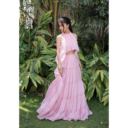 FORAM PATEL Pastel Pink Tiered Skirt with Crop Top (Set of 2)