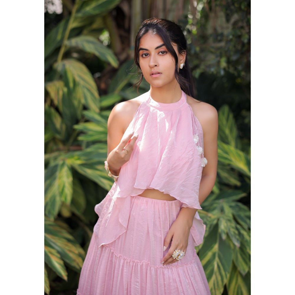 FORAM PATEL Pastel Pink Tiered Skirt with Crop Top (Set of 2)