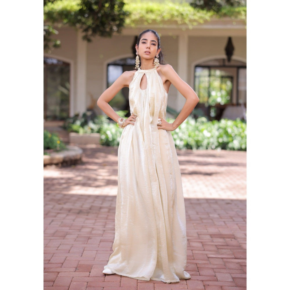 FORAM PATEL Cream Shimmer Pleated Jumpsuit