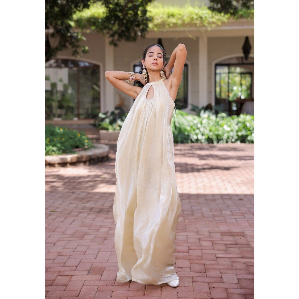 FORAM PATEL Cream Shimmer Pleated Jumpsuit