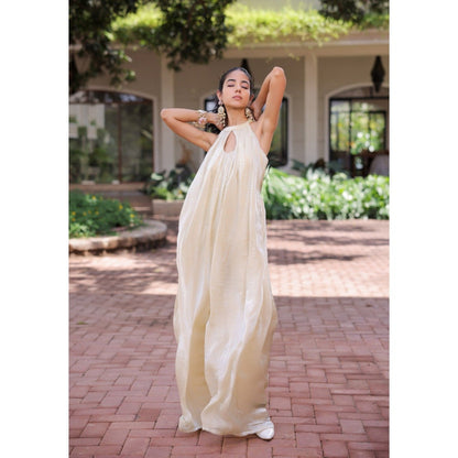 FORAM PATEL Cream Shimmer Pleated Jumpsuit