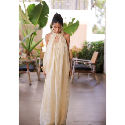 FORAM PATEL Cream Shimmer Pleated Jumpsuit