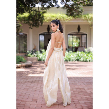 FORAM PATEL Cream Shimmer Pleated Jumpsuit