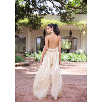 FORAM PATEL Cream Shimmer Pleated Jumpsuit