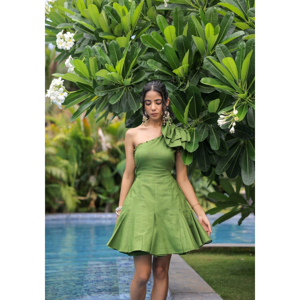 FORAM PATEL Olive Green One Shoulder Mini Dress