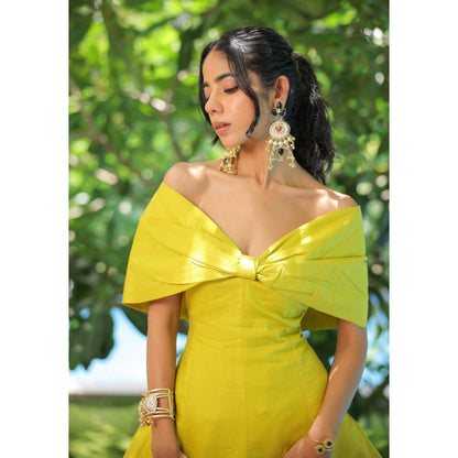 FORAM PATEL Lime Yellow Bow Mini Dress
