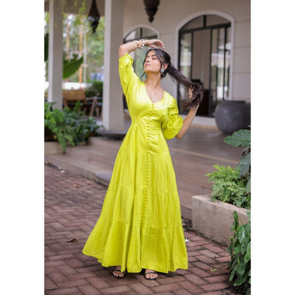 FORAM PATEL Lime Yellow Tiered Maxi Dress