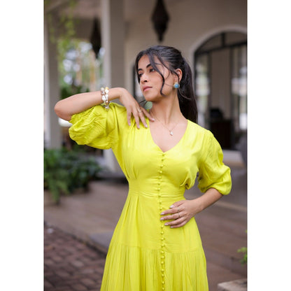 FORAM PATEL Lime Yellow Tiered Maxi Dress